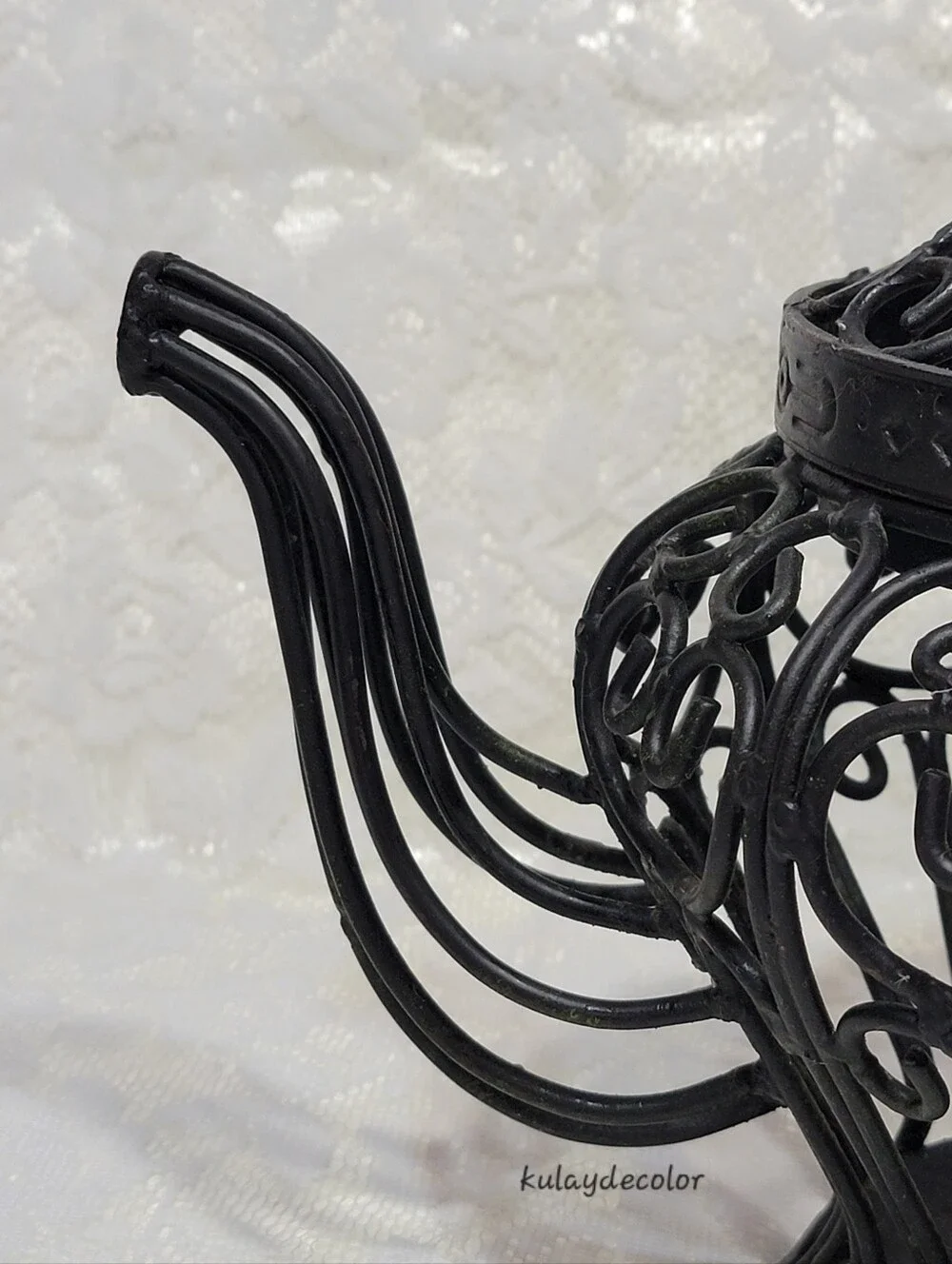 Filigree Style Wrought Iron Teapot Lantern Candle Holder Black Scroll Home Decor